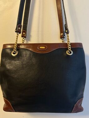 Bally Vintage Black and Brown Leather Tote with Chain and Leather Straps
